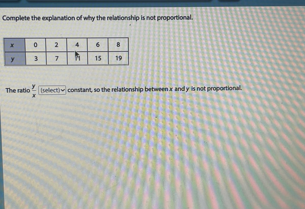 Complete the explanation of why the relationship is not proportional.
X
y
0
3
2
7
X
4
6
11 15
8
19
The ratio (select) constant, so the relationship between x and y is not proportional.