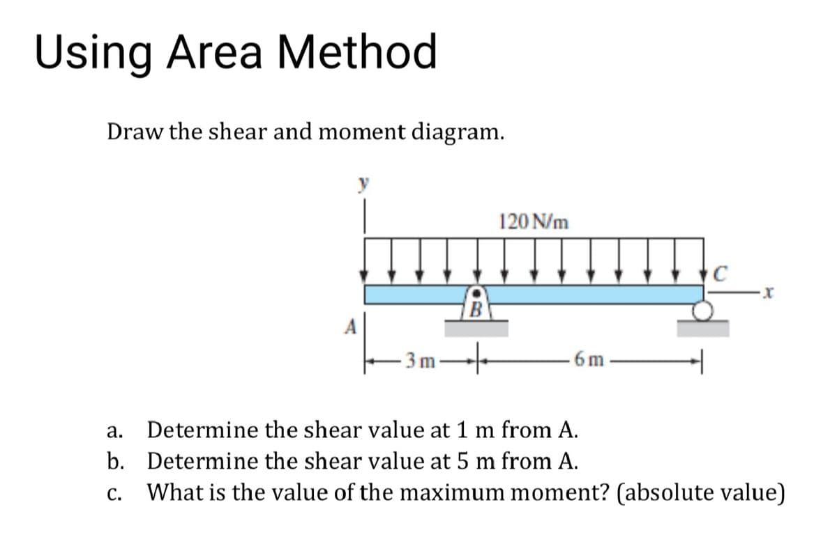 Using Area Method
Draw the shear and moment diagram.
120 N/m
3m
6 m
а.
Determine the shear value at 1 m from A.
b. Determine the shear value at 5 m from A.
С.
What is the value of the maximum moment? (absolute value)
