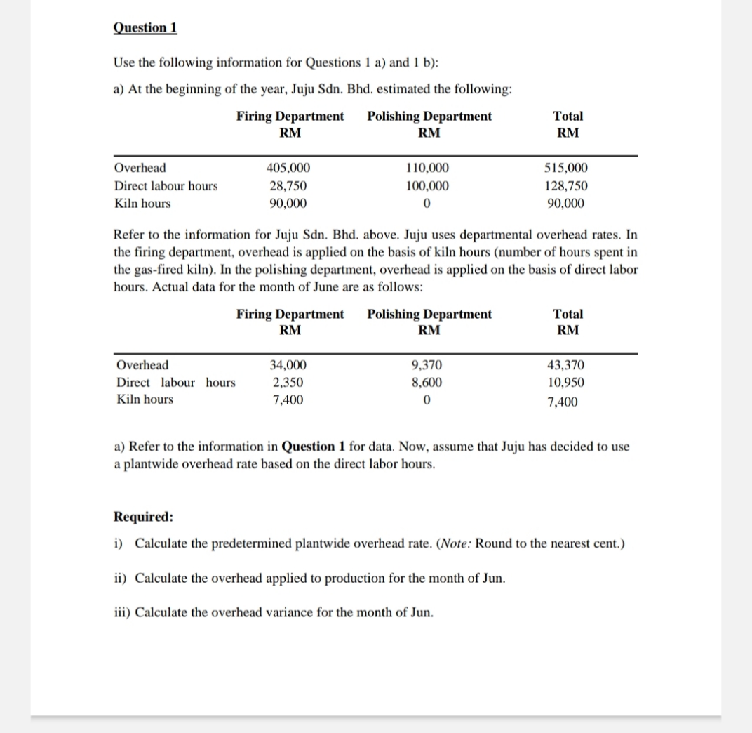 Question 1
Use the following information for Questions 1 a) and 1 b):
a) At the beginning of the year, Juju Sdn. Bhd. estimated the following:
Firing Department
Polishing Department
Total
RM
RM
RM
Overhead
405,000
110,000
515,000
Direct labour hours
28,750
100,000
128,750
Kiln hours
90,000
90,000
Refer to the information for Juju Sdn. Bhd. above. Juju uses departmental overhead rates. In
the firing department, overhead is applied on the basis of kiln hours (number of hours spent in
the gas-fired kiln). In the polishing department, overhead is applied on the basis of direct labor
hours. Actual data for the month of June are as follows:
Firing Department
RM
Polishing Department
RM
Total
RM
Overhead
34,000
9,370
43,370
Direct labour hours
2,350
8,600
10,950
Kiln hours
7,400
7,400
a) Refer to the information in Question 1 for data. Now, assume that Juju has decided to use
a plantwide overhead rate based on the direct labor hours.
Required:
i) Calculate the predetermined plantwide overhead rate. (Note: Round to the nearest cent.)
ii) Calculate the overhead applied to production for the month of Jun.
iii) Calculate the overhead variance for the month of Jun.
