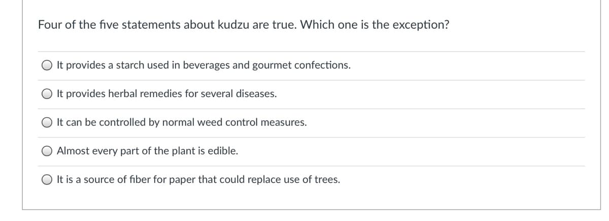 Four of the five statements about kudzu are true. Which one is the exception?
It provides a starch used in beverages and gourmet confections.
O It provides herbal remedies for several diseases.
It can be controlled by normal weed control measures.
O Almost every part of the plant is edible.
O It is a source of fiber for paper that could replace use of trees.
