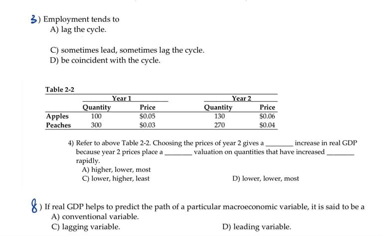 3) Employment tends to
A) lag the cycle.
C) sometimes lead, sometimes lag the cycle.
D) be coincident with the cycle.
Table 2-2
Year 1
Quantity
Year 2
Quantity
130
Price
Price
Apples
Peaches
100
$0.05
$0.06
300
$0.03
270
$0.04
4) Refer to above Table 2-2. Choosing the prices of year 2 gives a
because year 2 prices place a
rapidly.
A) higher, lower, most
C) lower, higher, least
increase in real GDP
valuation on quantities that have increased.
D) lower, lower, most
8) If real GDP helps to predict the path of a particular macroeconomic variable, it is said to be a
A) conventional variable.
C) lagging variable.
D) leading variable.
