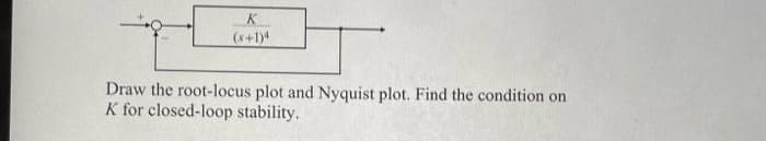 K
(s+1)4
Draw the root-locus plot and Nyquist plot. Find the condition on
K for closed-loop stability.
