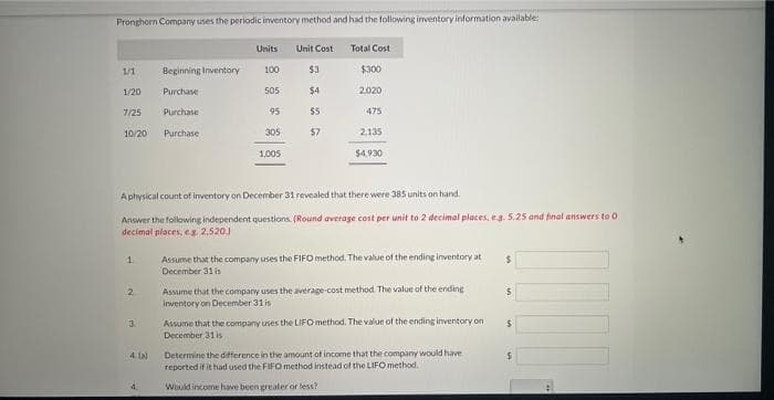 Pronghorn Company uses the periodic inventory method and had the following inventory information available:
Units
Unit Cost
Total Cost
1/1
Beginning Inventory
100
$3
$300
1/20
Purchase
505
$4
2,020
7/25
Purchase
95
5
475
10/20
Purchase
305
57
2.135
1,005
$4.930
Aphysical count of inventory on December 31 revealed that there were 385 units on hand.
Answer the following independent questions. (Round average cost per unit to 2 decimal places, eg. 5.25 and final answers to O
decimal places, es 2,520.)
Assume that the company uses the FIFO method. The value of the ending inventory at
December 31 is
1.
%24
Assume that the company uses the average-cost method. The value of the ending
inventory on December 31 is
2.
Assume that the company uses the LIFO method. The value of the ending inventory on
December 31 is
3.
Determine the difference in the amount of income that the company would have
reported if it had used the FIFO method instead of the LIFO method.
4 lal
4.
Would income have been greater or less?
