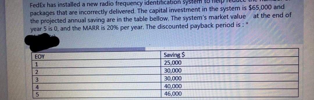 FedEx has installed a new radio frequency identification system
packages that are incorrectly delivered. The capital investment in the system is $65,000 and
the projected annual saving are in the table bellow. The system's market value
year 5 is 0, and the MARR is 20% per year. The discounted payback period is : *
at the end of
EOY
Saving $
25,000
30,000
30,000
4.
40,000
46,000
