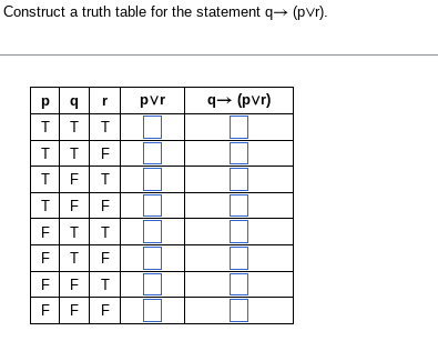 Construct a truth table for the statement q→ (pvr).
pqr pvr q→ (pvr)
TTT
T TF
TFT
TFF
FTT
FTF
FT
F F
FF
F