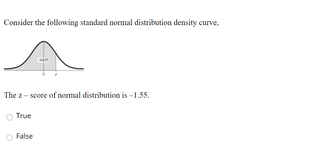 Consider the following standard normal distribution density curve,
9495
The z
score of normal distribution is –1.55.
True
False
