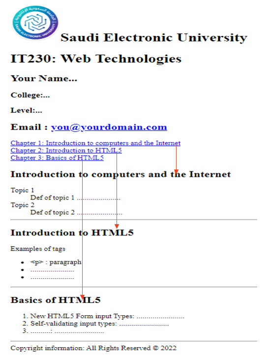 Saudi Electronic University
IT230: Web Technologies
Your Name...
College:..
Level:..
Email : you@yourdomain.com
Chapter 1: Introduction to computers and the Internet
Chapter 2: Introduction to HTML5
Chapter 3: Basics of HTML5
Introduction to computers and the Internet
Topic 1
Def of topic 1
Topic 2
Def of topic 2 .
Introduction to HTML5
Examples of tags
<p> : paragraph
Basics of HTML5
1. New HTML5 Form input Types:
2. Self-validating input types:
3.
Copyright information: All Rights Reserved © 2022
