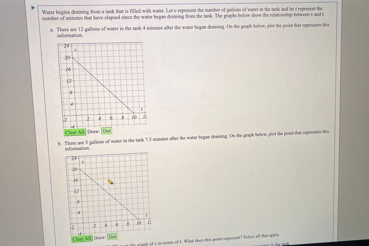 Water begins draining from a tank that is filled with water. Let v represent the number of gallons of water in the tank and let t represent the
number of minutes that have elapsed since the water began draining from the tank. The graphs below show the relationship between v and t.
a. There are 12 gallons of water in the tank 4 minutes after the water began draining. On the graph below, plot the point that represents this
information.
24
20
16
12
4
-2
2.
4
10
12
+4
Clear All Draw: Dot
b. There are 5 gallons of water in the tank 7.5 minutes after the water began draining. On the graph below, plot the point that represents this
information.
24
20
16
12
4
2.
4
10
12
-2
+4
Clear All Draw: Dot
)ir on the graph of v in terms of t. What does this point represent? Select all that apply.
nining in the tank.
