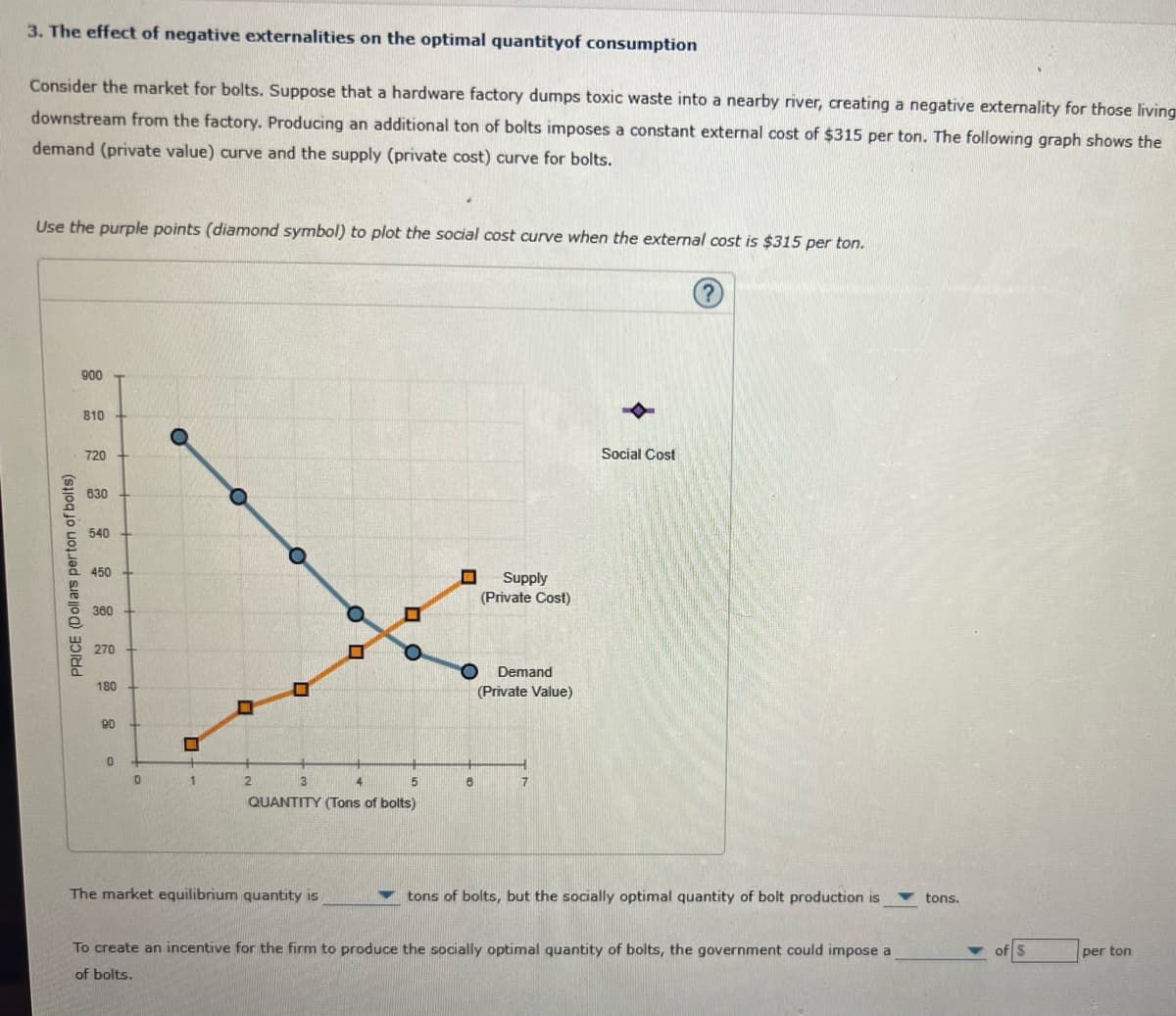 3. The effect of negative externalities on the optimal quantityof consumption
Consider the market for bolts. Suppose that a hardware factory dumps toxic waste into a nearby river, creating a negative externality for those living
downstream from the factory. Producing an additional ton of bolts imposes a constant external cost of $315 per ton. The following graph shows the
demand (private value) curve and the supply (private cost) curve for bolts.
Use the purple points (diamond symbol) to plot the social cost curve when the external cost is $315 per ton.
900
810
720
Social Cost
630
540
450
Supply
(Private Cost)
360
270
Demand
180
(Private Value)
90
1
3.
QUANTITY (Tons of bolts)
The market equilibrium quantity is
▼ tons of bolts, but the socially optimal quantity of bolt production is
tons.
To create an incentive for the firm to produce the socially optimal quantity of bolts, the government could impose a
per ton
of bolts.
PRICE (Doll ars perton of bolts)
