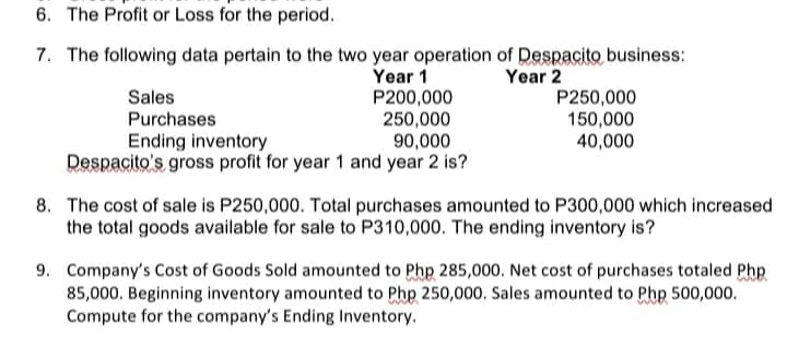 6. The Profit or Loss for the period.
7. The following data pertain to the two year operation of Despacito business:
Year 1
P200,000
250,000
90,000
Despacito's gross profit for year 1 and year 2 is?
Year 2
Sales
Purchases
P250,000
150,000
40,000
Ending inventory
8. The cost of sale is P250,000. Total purchases amounted to P300,000 which increased
the total goods available for sale to P310,000. The ending inventory is?
9. Company's Cost of Goods Sold amounted to Php 285,000. Net cost of purchases totaled Php
85,000. Beginning inventory amounted to Php 250,000. Sales amounted to Php 500,000.
Compute for the company's Ending Inventory.
