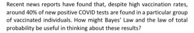 Recent news reports have found that, despite high vaccination rates,
around 40% of new positive COVID tests are found in a particular group
of vaccinated individuals. How might Bayes' Law and the law of total
probability be useful in thinking about these results?
