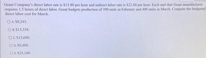 Grant Company's direct labor rate is $15.80 per hour and indirect labor rate is $22.80 per hour. Each unit that Grant manufactures
requires 1.5 hours of direct labor. Grant budgets production of 390 units in February and 400 units in March. Compute the budgeted
direct labor cost for March.
O A.S9,243.
OB. S13,338.
OC. $13,680.
O D. S9,480.
OE. $23.160.