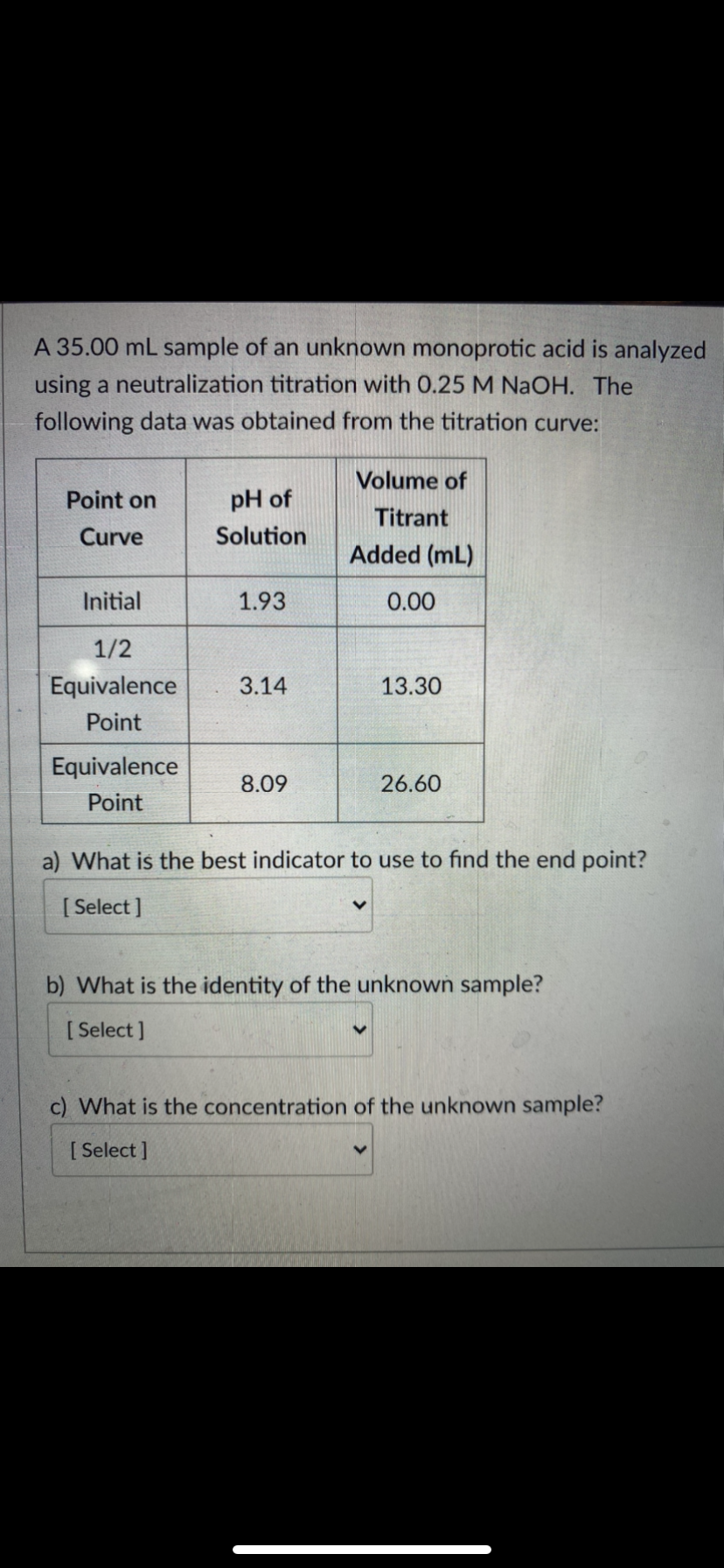 A 35.00 mL sample of an unknown monoprotic acid is analyzed
using a neutralization titration with 0.25 M NaOH. The
following data was obtained from the titration curve:
Volume of
Point on
pH of
Titrant
Curve
Solution
Added (mL)
Initial
1.93
0.00
1/2
Equivalence
3.14
13.30
Point
Equivalence
8.09
26.60
Point
a) What is the best indicator to use to find the end point?
[ Select ]
b) What is the identity of the unknown sample?
[ Select ]
c) What is the concentration of the unknown sample?
[ Select ]
