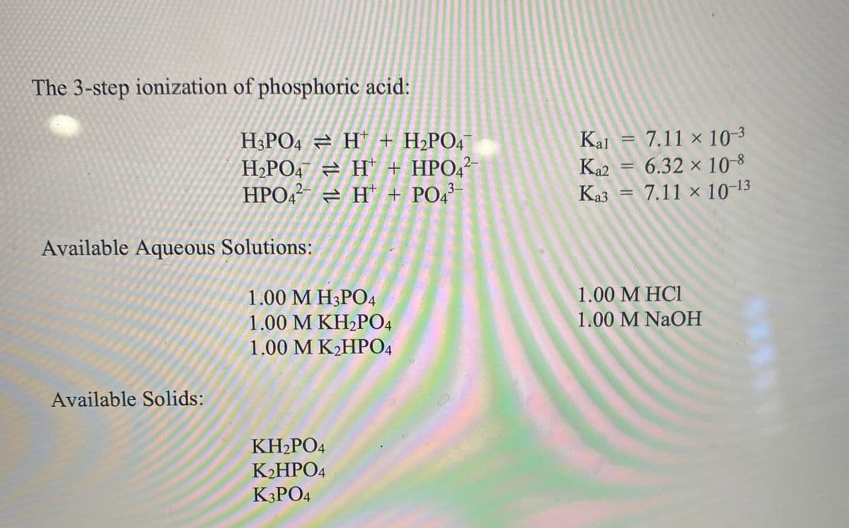 The 3-step ionization of phosphoric acid:
Kal = 7.11 × 10-3
H;PO4 = H* + H2PO4
H-PO4 = H + HPO4²
HPO4² = H + PO4
2-
6.32 x 10-8
Ka2 =
Ka3 = 7.11 × 10-13
2-
3-
Available Aqueous Solutions:
1.00 M HC1
1.00 M H3PO4
1.00 M KH2PO4
1.00 M K2HPO4
1.00 M NaOH
Available Solids:
KH2PO4
K2HPO4
K3PO4
