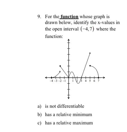 9. For the function whose graph is
drawn below, identify the x-values in
the open interval (-4,7) where the
function:
-4 -3 -2 -1
56 7
a) is not differentiable
b) has a relative minimum
c) has a relative maximum
