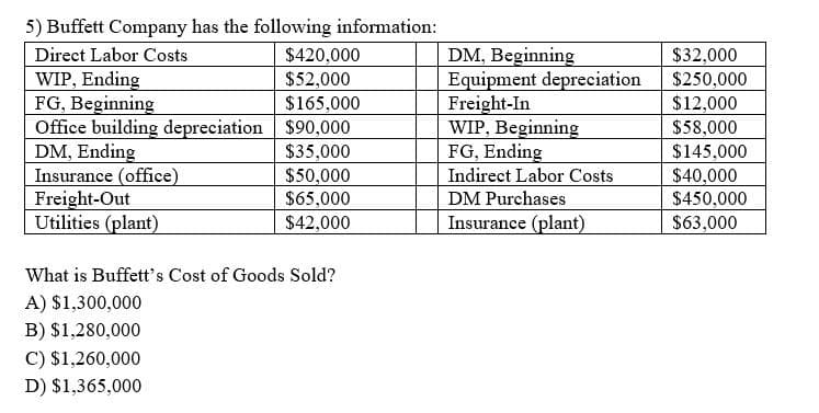 5) Buffett Company has the following information:
Direct Labor Costs
WIP, Ending
FG, Beginning
Office building depreciation
DM, Ending
Insurance (office)
Freight-Out
Utilities (plant)
$420,000
$52,000
$165,000
$90,000
$35,000
$50,000
$65,000
$42,000
What is Buffett's Cost of Goods Sold?
A) $1,300,000
B) $1,280,000
C) $1,260,000
D) $1,365,000
DM, Beginning
Equipment depreciation
Freight-In
WIP, Beginning
FG, Ending
Indirect Labor Costs
DM Purchases
Insurance (plant)
$32,000
$250,000
$12,000
$58,000
$145,000
$40,000
$450,000
$63,000