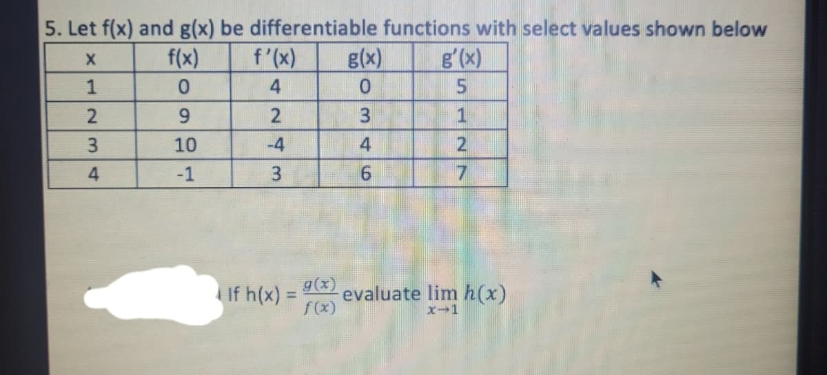 5. Let f(x) and g(x) be differentiable functions with select values shown below
f(x)
f'(x)
g(x)
g'(x)
1
4
2
1
10
-4
4
-1
3
7.
If h(x) =
g(x)
%3D
evaluate lim h(x)
f(x)
X-1
