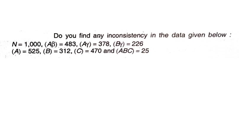 Do you find any inconsistency in the data given below :
N= 1,000, (AB) = 483, (AY) = 378, (BY) = 226
(A) = 525, (B) = 312, (C) = 470 and (ABC) = 25
%3D
