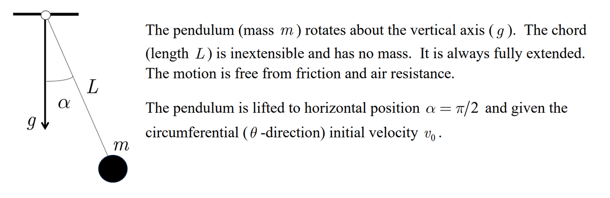 The pendulum (mass m) rotates about the vertical axis ( g). The chord
(length L) is inextensible and has no mass. It is always fully extended.
The motion is free from friction and air resistance.
The pendulum is lifted to horizontal position a= T/2 and given the
circumferential ( 0 -direction) initial velocity vo ·
m
