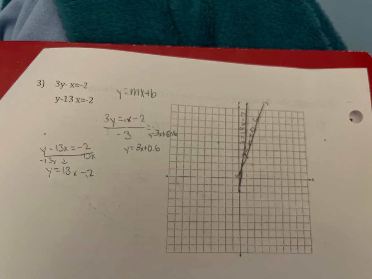 3) 3y-x=-2 mx+b
у-13 х--2
3y =x-2
T-3
y-13x=-x
-13x J
y= 3x+0.6
y=13x-2
