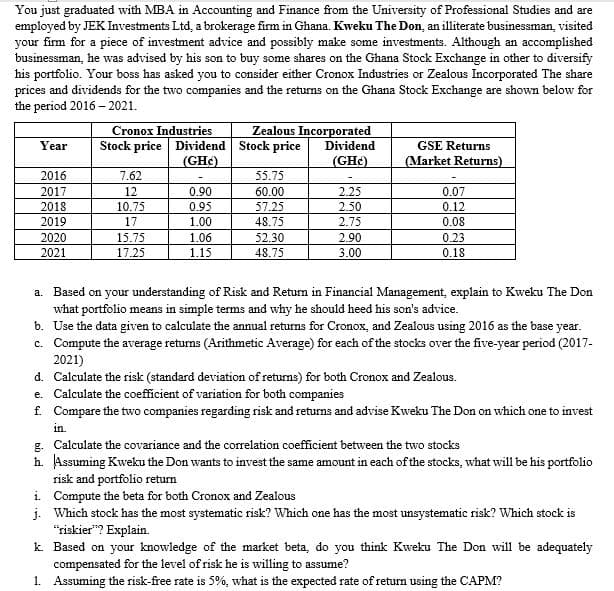 You just graduated with MBA in Accounting and Finance from the University of Professional Studies and are
employed by JEK Investments Ltd, a brokerage firm in Ghana. Kweku The Don, an illiterate businessman, visited
your firm for a piece of investment advice and possibly make some investments. Although an accomplished
businessman, he was advised by his son to buy some shares on the Ghana Stock Exchange in other to diversify
his portfolio. Your boss has asked you to consider either Cronox Industries or Zealous Incorporated The share
prices and dividends for the two companies and the returns on the Ghana Stock Exchange are shown below for
the period 2016 – 2021.
Zealous Incorporated
Stock price
Cronox Industries
Stock price Dividend
(GHC)
Year
Dividend
GSE Returns
(GHe)
(Market Returns)
2016
7.62
55.75
2017
2018
12
0.90
60.00
2.25
0.07
10.75
0.95
57.25
2.50
0.12
2019
17
1.00
48.75
2.75
0.08
2020
15.75
1.06
52.30
2.90
0.23
2021
17.25
1.15
48.75
3.00
0.18
Based on your understanding of Risk and Return in Financial Management, explain to Kweku The Don
what portfolio means in simple terms and why he should heed his son's advice.
b. Use the data given to calculate the annual returns for Cronox, and Zealous using 2016 as the base year.
c. Compute the average returns (Arithmetic Average) for each of the stocks over the five-year period (2017-
a.
2021)
d. Calculate the risk (standard deviation of returns) for both Cronox and Zealous.
e. Calculate the coefficient of variation for both companies
f. Compare the two companies regarding risk and returns and advise Kweku The Don on which one to invest
in.
g. Calculate the covariance and the correlation coefficient between the two stocks
h. Assuming Kweku the Don wants to invest the same amount in each of the stocks, what will be his portfolio
risk and portfolio return
i. Compute the beta for both Cronox and Zealous
j. Which stock has the most systematic risk? Which one has the most unsystematic risk? Which stock is
"riskier"? Explain.
k. Based on your knowledge of the market beta, do you think Kweku The Don will be adequately
compensated for the level of risk he is willing to assume?
1. Assuming the risk-free rate is 5%, what is the expected rate of return using the CAPM?
