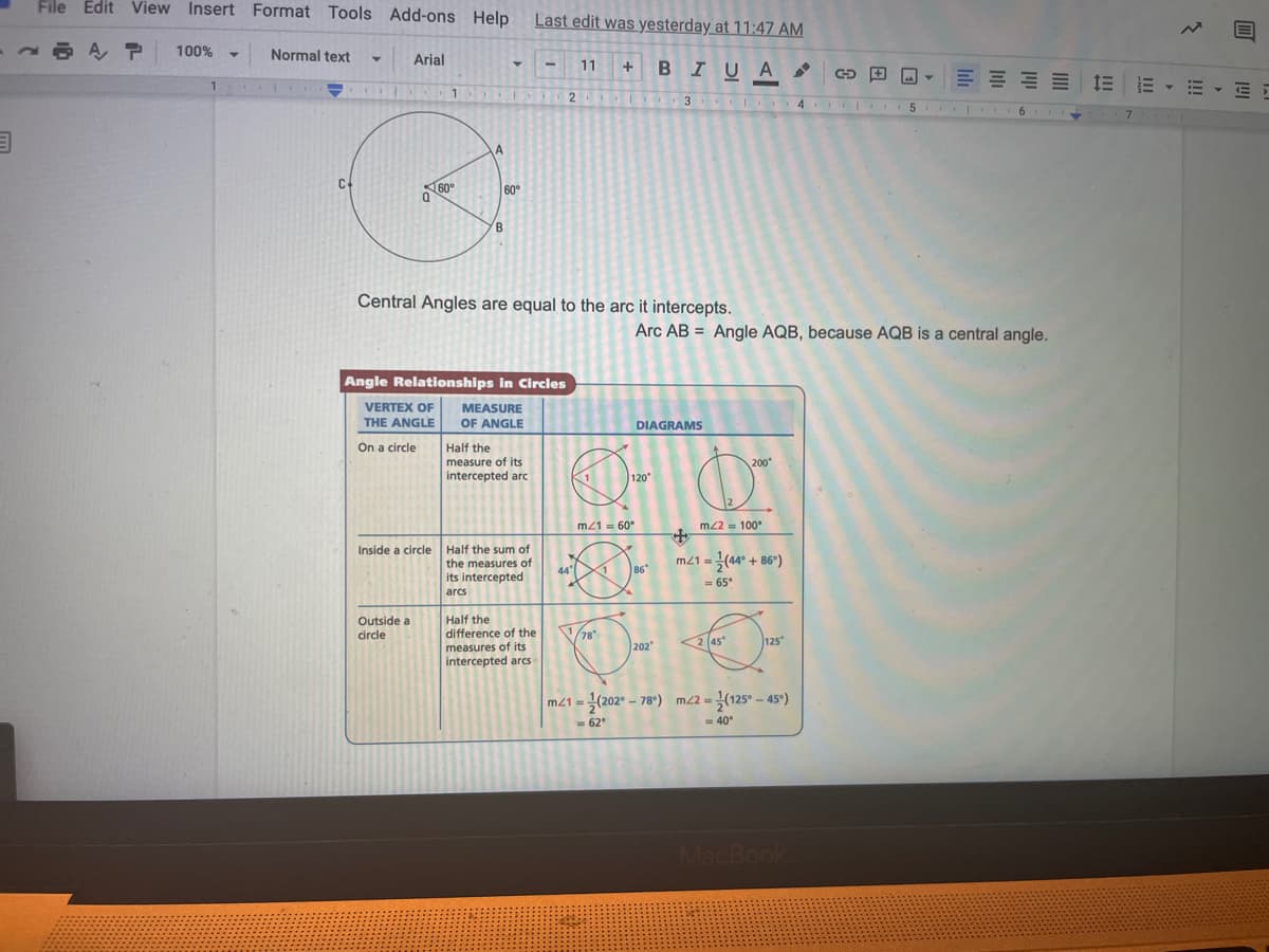 File Edit View Insert Format Tools Add-ons Help
Last edit was yesterday at 11:47 AM
100%
Normal text
Arial
11
BIUA
+
三 三三
E - E
1.
1
IDO 3 4
5.
16 II
6
60
60
B.
Central Angles are equal to the arc it intercepts.
Arc AB = Angle AQB, because AQB is a central angle.
Angle Relationships in Circles
MEASURE
OF ANGLE
VERTEX OF
THE ANGLE
DIAGRAMS
On a circle
Half the
measure of its
200
intercepted arc
1
120°
m21 = 60°
m22 = 100°
Inside a circle Half the sum of
the measures of
its intercepted
m21-극(44° + 86")
44
86
= 65°
arcs
Half the
difference of the
Outside a
circle
78
2 45*
125
measures of its
202
intercepted arcs
m21 = (202° – 78°) m22 = }(125° – 45°)
%3D
= 62
= 40°
MacBook
