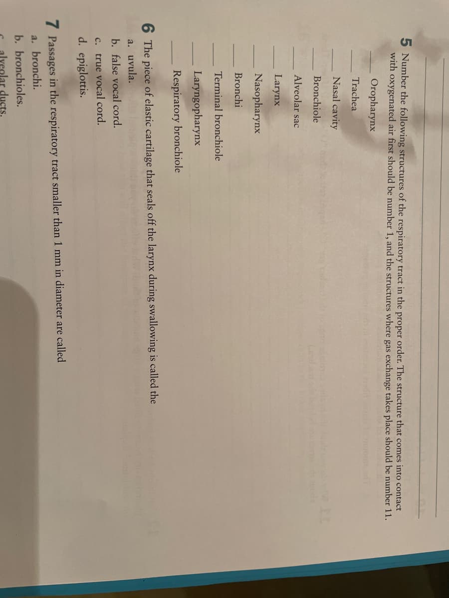 5 Number the following structures of the respiratory tract in the proper order. The structure that comes into contact
with oxygenated air first should be number 1, and the structures where gas exchange takes place should be number 11.
Oropharynx
Trachea
Nasal cavity
Bronchiole
Alveolar sac
Larynx
Nasopharynx
Bronchi
Terminal bronchiole
Laryngopharynx
Respiratory bronchiole
6 The piece of elastic cartilage that seals off the larynx during swallowing is called the
a. uvula.
b. false vocal cord.
c. true vocal cord.
d. epiglottis.
7 Passages in the respiratory tract smaller than 1 mm in diameter are called
a. bronchi.
b. bronchioles.
lvcolar ducts.

