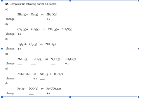 61. Complete the following partial ICE tables.
(a)
change
(b)
change
(c)
change
(e)
change
(9)
2H₂(g) + O₂(g) = 2H₂O(g)
+x
change +x
(c)
change
CS₂(g) + 4H₂(g) = CH4(g)+ 2H₂S(g)
+x
H₂(g) + Cl₂(g) = 2HCl(g)
2NH3(g) +202(g) = N₂O(g)+ 3H₂O(g)
+x
-
NH₂HS(s) = NH3(g)+ H₂S(g)
+x
Fe(s)+ 500(g) = Fe(CO), (g)
+x