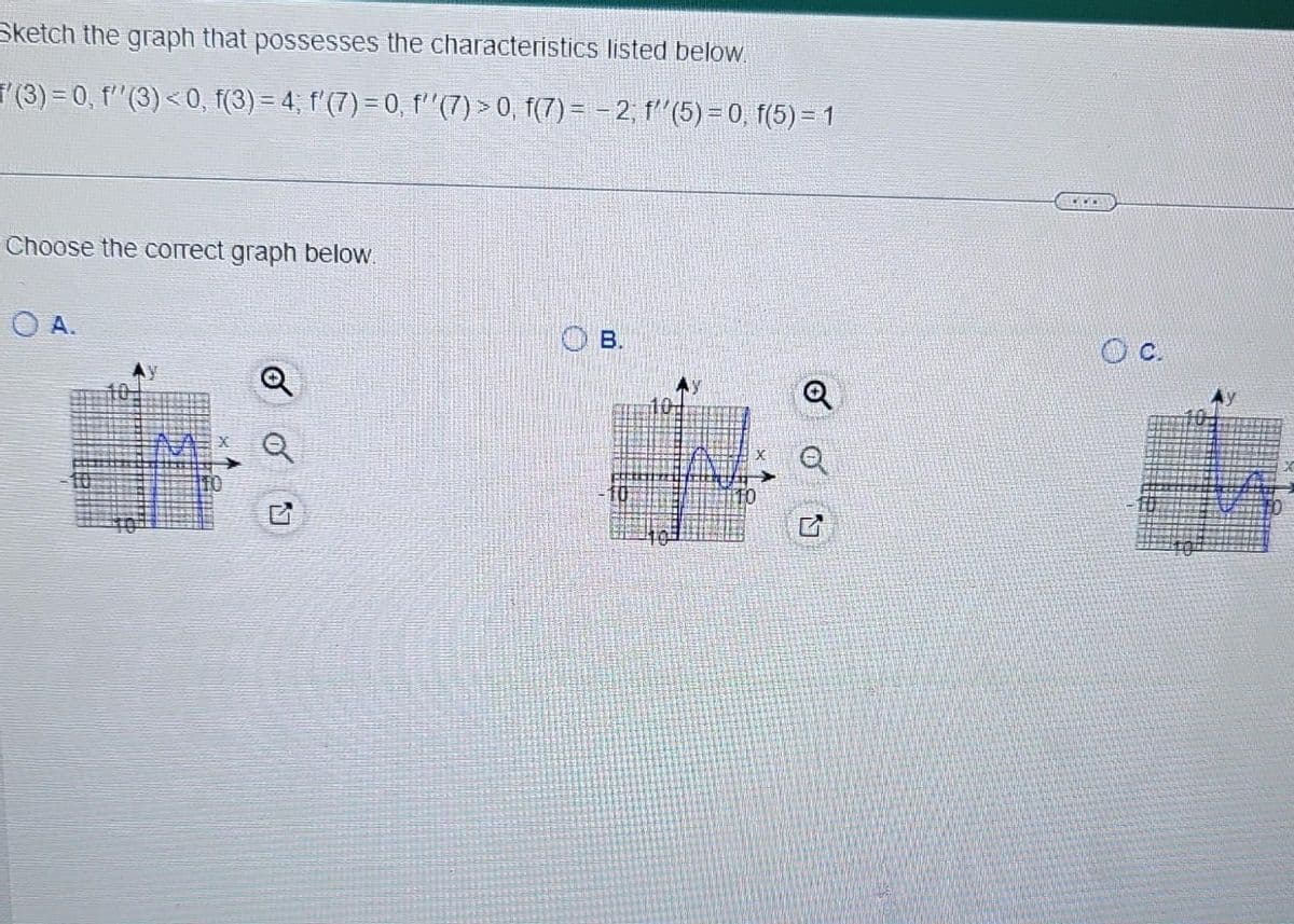 Sketch the graph that possesses the characteristics listed below.
(3)=0, f''(3) <0, f(3) = 4; f'(7)=0, f''(7)>0, f(7)= -2; f''(5)=0, f(5)=1
Choose the correct graph below.
OA.
M
L
B.
LILLY