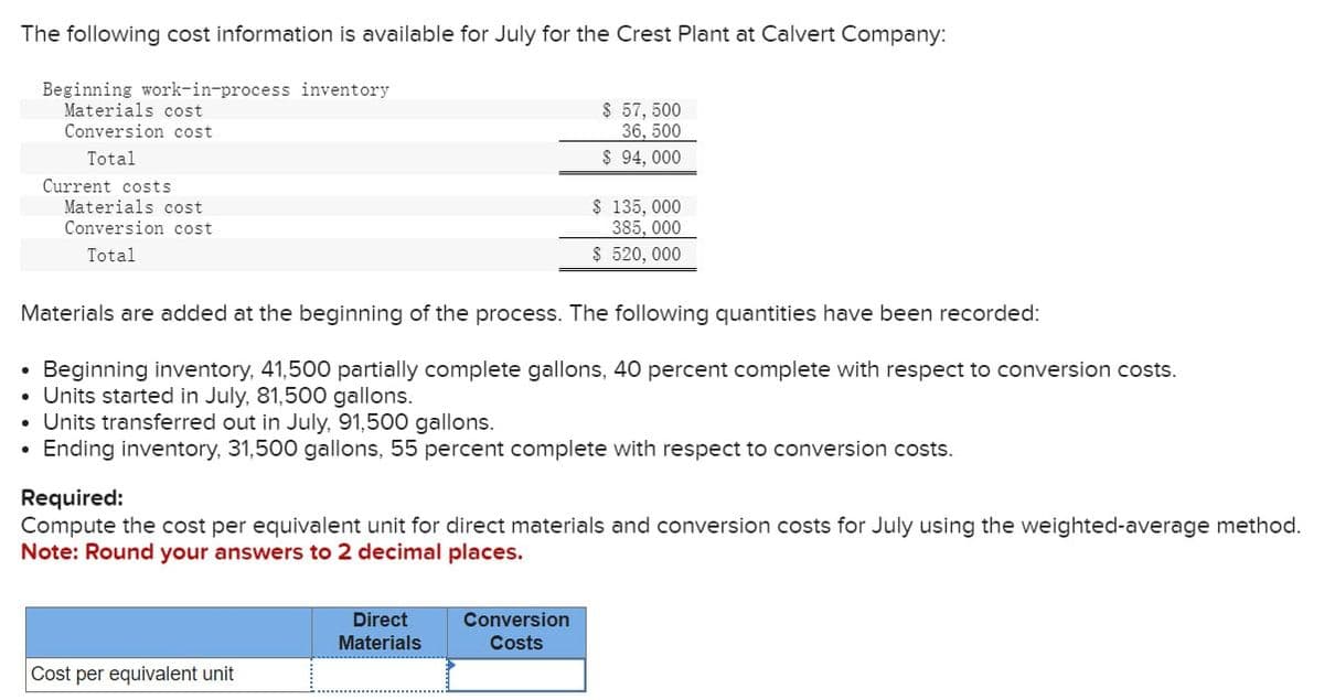 The following cost information is available for July for the Crest Plant at Calvert Company:
Beginning work-in-process inventory
Materials cost
Conversion cost
Total
●
Current costs
Materials cost
Conversion cost
Total
Materials are added at the beginning of the process. The following quantities have been recorded:
Beginning inventory, 41,500 partially complete gallons, 40 percent complete with respect to conversion costs.
• Units started in July, 81,500 gallons.
Units transferred out in July, 91,500 gallons.
Ending inventory, 31,500 gallons, 55 percent complete with respect to conversion costs.
Cost per equivalent unit
$ 57, 500
36, 500
$ 94, 000
Required:
Compute the cost per equivalent unit for direct materials and conversion costs for July using the weighted-average method.
Note: Round your answers to 2 decimal places.
Direct
Materials
$ 135, 000
385, 000
$ 520, 000
Conversion
Costs