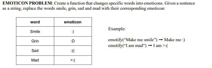 EMOTICON PROBLEM: Create a function that changes specific words into emoticons. Given a sentence
as a string, replace the words smile, grin, sad and mad with their corresponding emoticon:
word
Smile
Grin
Sad
Mad
emoticon
:)
:D
:((
>:(
Example:
-
emotify("Make me smile") → Make me :)
emotify("I am mad") → I am >:(