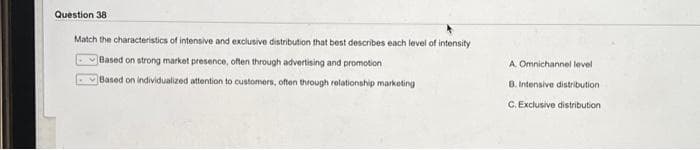 Question 38
Match the characteristics of intensive and exclusive distribution that best describes each level of intensity
Based on strong market presence, often through advertising and promotion
Based on individualized attention to customers, often through relationship marketing
A. Omnichannel level
B. Intensive distribution
C. Exclusive distribution