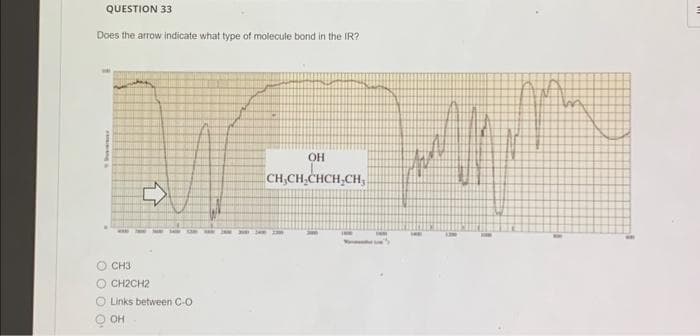 QUESTION 33
Does the arrow indicate what type of molecule bond in the IR?
nga
CH3
O CH2CH2
O Links between C-O
OH
OH
CH,CH₂CHCH₂CH,
BA
hol
w