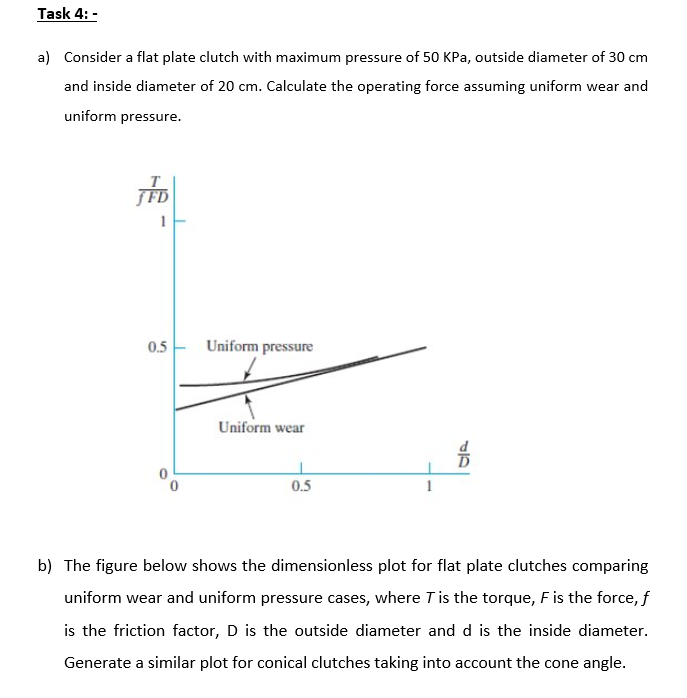 Task 4: -
a) Consider a flat plate clutch with maximum pressure of 50 KPa, outside diameter of 30 cm
and inside diameter of 20 cm. Calculate the operating force assuming uniform wear and
uniform pressure.
JFD
0.5 - Uniform pressure
Uniform wear
0.5
1
b) The figure below shows the dimensionless plot for flat plate clutches comparing
uniform wear and uniform pressure cases, where Tis the torque, Fis the force, f
is the friction factor, D is the outside diameter and d is the inside diameter.
Generate a similar plot for conical clutches taking into account the cone angle.
