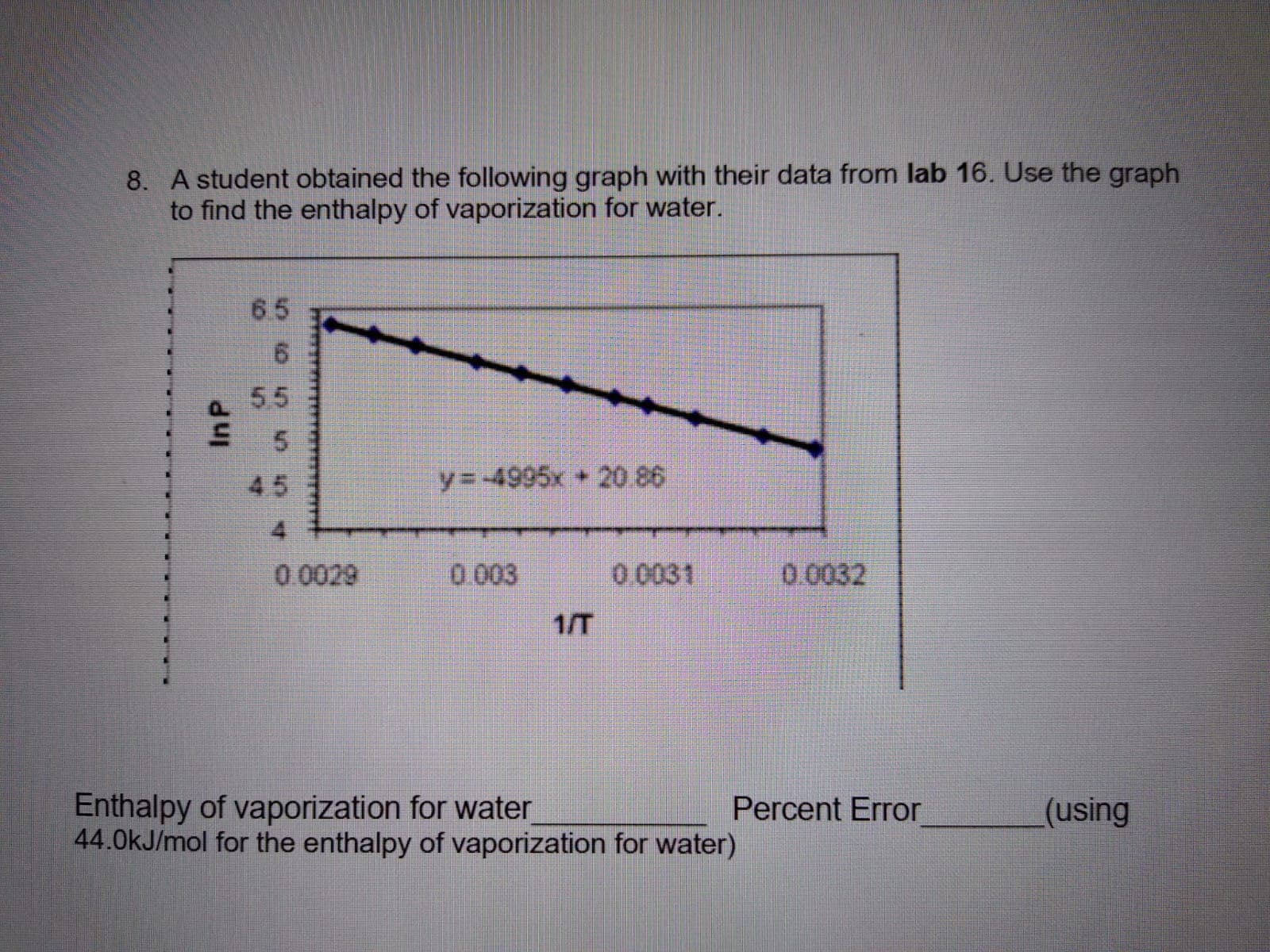 8. A student obtained the following graph with their data from lab 16. Use the graph
to find the enthalpy of vaporization for water.
6.5
55
45
y=-4995x +20.86
0.0029
0.003
0.0031
0.0032
1/T
Enthalpy of vaporization for water
44.0kJ/mol for the enthalpy of vaporization for water)
Percent Error
(using
InP
to
