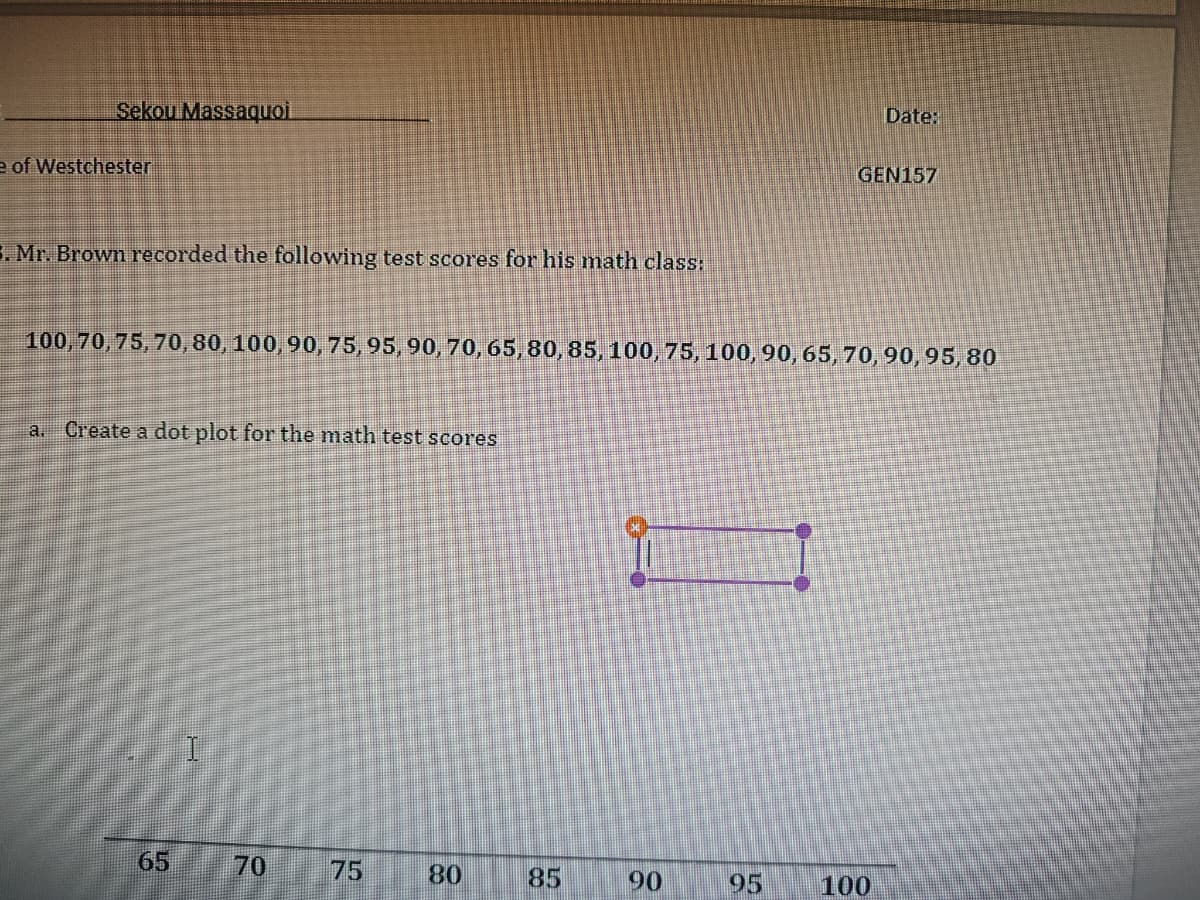 Sekou Massaquoi
e of Westchester
Date:
GEN157
B. Mr. Brown recorded the following test scores for his math class:
100, 70, 75, 70, 80, 100, 90, 75, 95, 90, 70, 65, 80, 85, 100, 75, 100, 90, 65, 70, 90, 95, 80
a. Create a dot plot for the math test scores
65
70
75
80
85
90
95
100