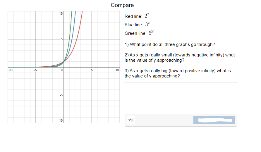 Compare
10
Red line: 2*
Blue line: 3*
Green line: 5*
1) What point do all three graphs go through?
2) As x gets really small (towards negative infinity) what
is the value of y approaching?
-10
-5
10
3) As x gets really big (toward positive infinity) what is
the value of y approaching?
-5
-10
5.
