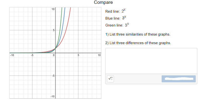 Compare
10
Red line: 2*
Blue line: 3*
Green line: 5*
5-
1) List three similarities of these graphs.
2) List three differences of these graphs.
-10
-5
10
-5
-10
