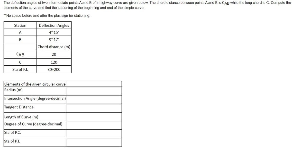 The deflection angles of two intermediate points A and B of a highway curve are given below. The chord distance between points A and B is CAB while the long chord is C. Compute the
elements of the curve and find the stationing of the beginning and end of the simple curve.
**No space before and after the plus sign for stationing.
Station
A
B
CAB
C
Sta of P.I.
Deflection Angles
4° 15'
9° 17'
Chord distance (m)
20
120
80+200
Elements of the given circular curve
Radius (m)
Intersection Angle (degree-decimal)
Tangent Distance
Length of Curve (m)
Degree of Curve (degree-decimal)
Sta of P.C.
Sta of P.T.
