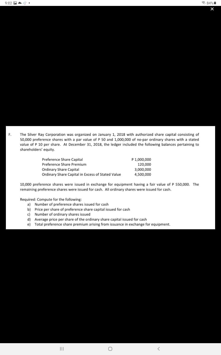 84%
9:02
X
F.
The Silver Ray Corporation was organized on January 1, 2018 with authorized share capital consisting of
50,000 preference shares with a par value of P 50 and 1,000,000 of no-par ordinary shares with a stated
value of P 10 per share. At December 31, 2018, the ledger included the following balances pertaining to
shareholders' equity.
Preference Share Capital
Preference Share Premium
P 1,000,000
120,000
Ordinary Share Capital
Ordinary Share Capital in Excess of Stated Value
3,000,000
4,500,000
10,000 preference shares were issued in exchange for equipment having a fair value of P 550,000. The
remaining preference shares were issued for cash. All ordinary shares were issued for cash.
Required: Compute for the following:
a) Number of preference shares issued for cash
b)
Price per share of preference share capital issued for cash
c) Number of ordinary shares issued
d) Average price per share of the ordinary share capital issued for cash
e) Total preference share premium arising from issuance in exchange for equipment.
|||
O
<