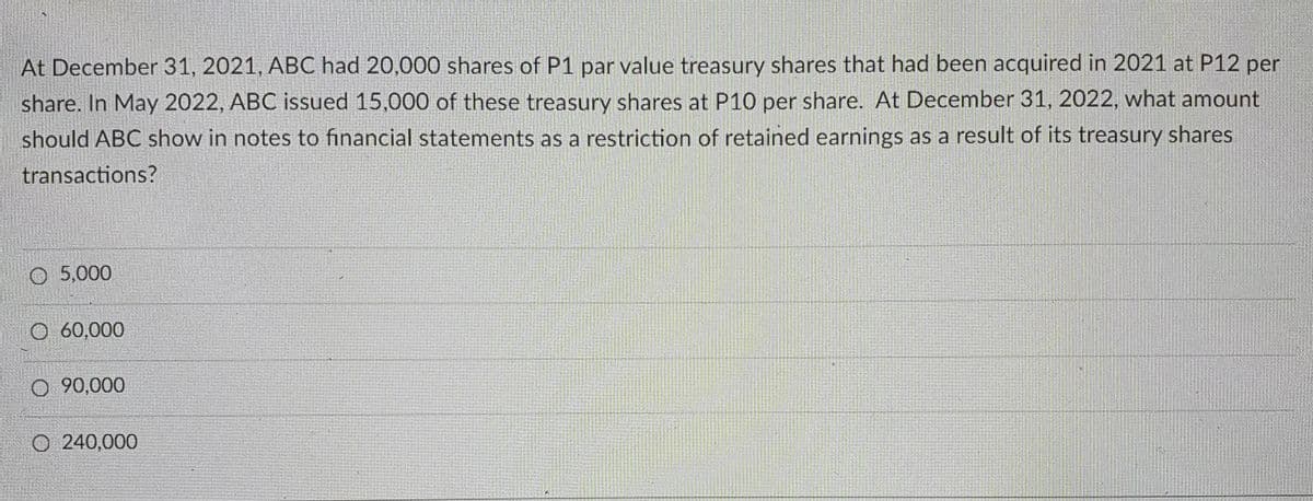 At December 31, 2021, ABC had 20,000 shares of P1 par value treasury shares that had been acquired in 2021 at P12 per
share. In May 2022, ABC issued 15,000 of these treasury shares at P10 per share. At December 31, 2022, what amount
should ABC show in notes to financial statements as a restriction of retained earnings as a result of its treasury shares
transactions?
O 5,000
O 60,000
O 90,000
O 240,000
