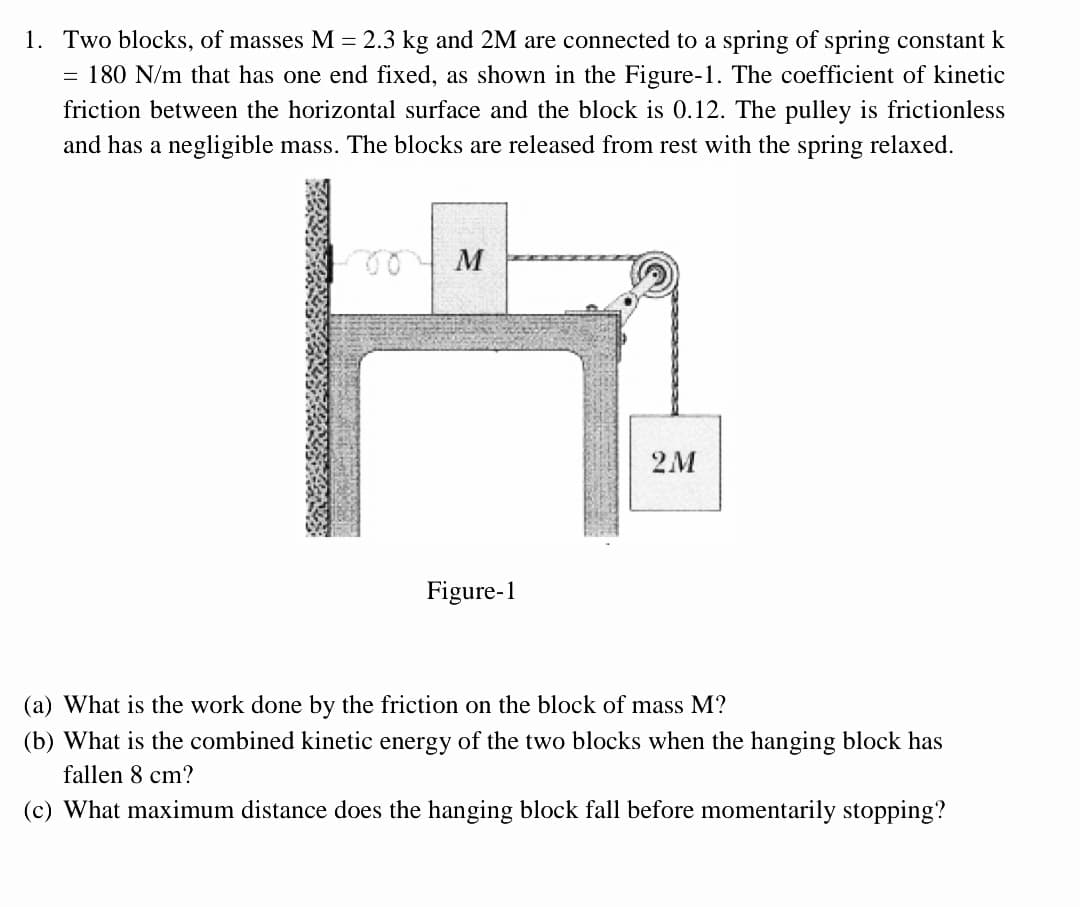 1. Two blocks, of masses M = 2.3 kg and 2M are connected to a spring of spring constant k
= 180 N/m that has one end fixed, as shown in the Figure-1. The coefficient of kinetic
friction between the horizontal surface and the block is 0.12. The pulley is frictionless
and has a negligible mass. The blocks are released from rest with the spring relaxed.
M
2M
Figure-1
(a) What is the work done by the friction on the block of mass M?
(b) What is the combined kinetic energy of the two blocks when the hanging block has
fallen 8 cm?
(c) What maximum distance does the hanging block fall before momentarily stopping?
