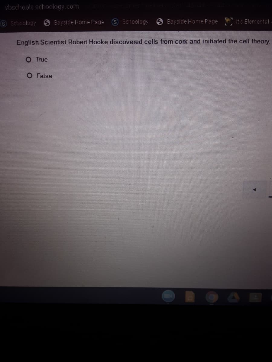 wbschools schoology.com
S Schoology
9 Bayside Fome Page
Schoology
Bayside Fome Page
It s Elemental -
English Scientist Robert Hooke discovered cells from cork and initiated the cell theory.
O True
O False
