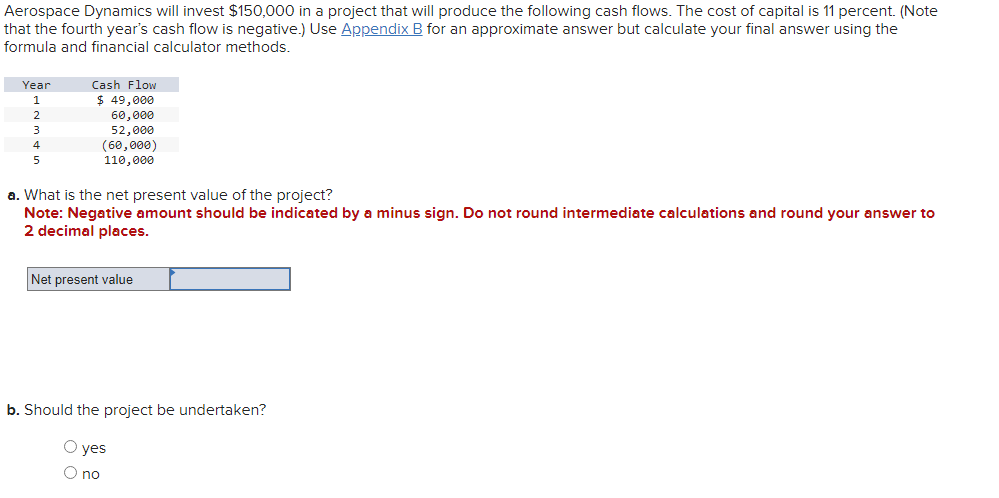 Aerospace Dynamics will invest $150,000 in a project that will produce the following cash flows. The cost of capital is 11 percent. (Note
that the fourth year's cash flow is negative.) Use Appendix B for an approximate answer but calculate your final answer using the
formula and financial calculator methods.
Year
1
2
4
5
Cash Flow
$ 49,000
60,000
52,000
(60,000)
110,000
a. What is the net present value of the project?
Note: Negative amount should be indicated by a minus sign. Do not round intermediate calculations and round your answer to
2 decimal places.
Net present value
b. Should the project be undertaken?
O yes
O no