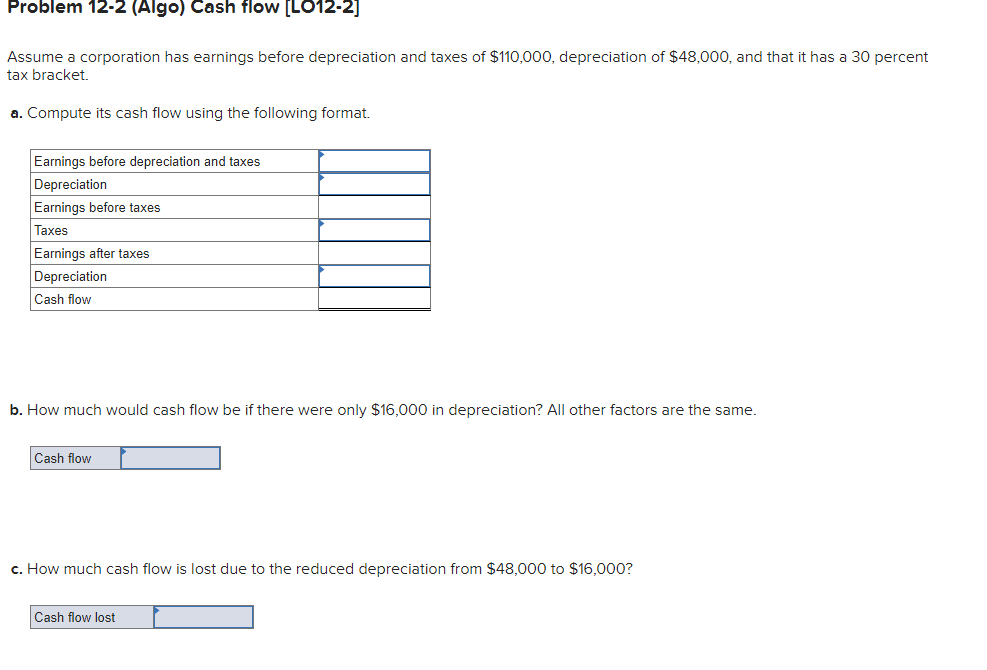 Problem 12-2 (Algo) Cash flow [LO12-2]
Assume a corporation has earnings before depreciation and taxes of $110,000, depreciation of $48,000, and that it has a 30 percent
tax bracket.
a. Compute its cash flow using the following format.
Earnings before depreciation and taxes
Depreciation
Earnings before taxes
Taxes
Earnings after taxes
Depreciation
Cash flow
b. How much would cash flow be if there were only $16,000 in depreciation? All other factors are the same.
Cash flow
c. How much cash flow is lost due to the reduced depreciation from $48,000 to $16,000?
Cash flow lost