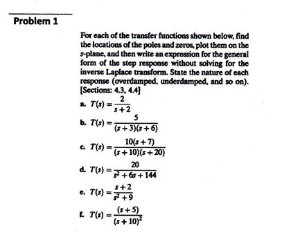 Problem 1
For each of the transfer functions shown below, find
the locations of the poles and zeros, plot them on the
s-plane, and then write an expression for the general
form of the step response without solving for the
inverse Laplace transform. State the nature of each
response (overdamped, underdamped, and so on).
[Sections: 4.3, 4.4]
a. T(s)
2
s+2
5
b. T(s)
(s+3)(s+6)
10(s + 7)
(s+10)(s+20)
a. T(s) =
20
d. T(s) =
+6s + 144
s+2
e. T(s) =F+9
L T(s)
(s+5)
(s+ 10)?
