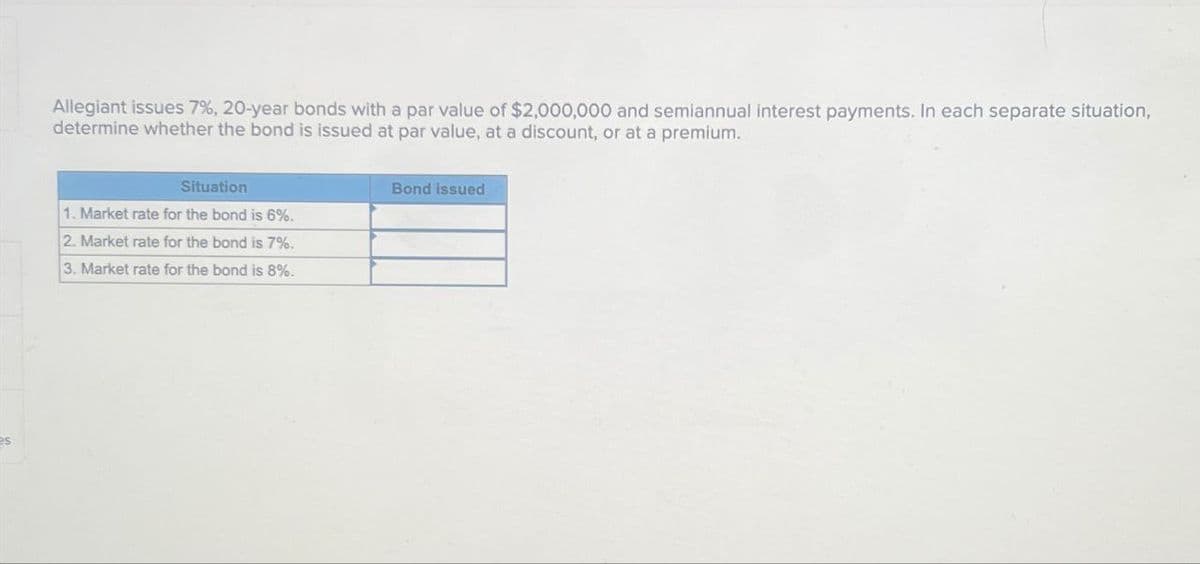 s
Allegiant issues 7%, 20-year bonds with a par value of $2,000,000 and semiannual interest payments. In each separate situation,
determine whether the bond is issued at par value, at a discount, or at a premium.
Situation
1. Market rate for the bond is 6%.
2. Market rate for the bond is 7%.
3. Market rate for the bond is 8%.
Bond issued