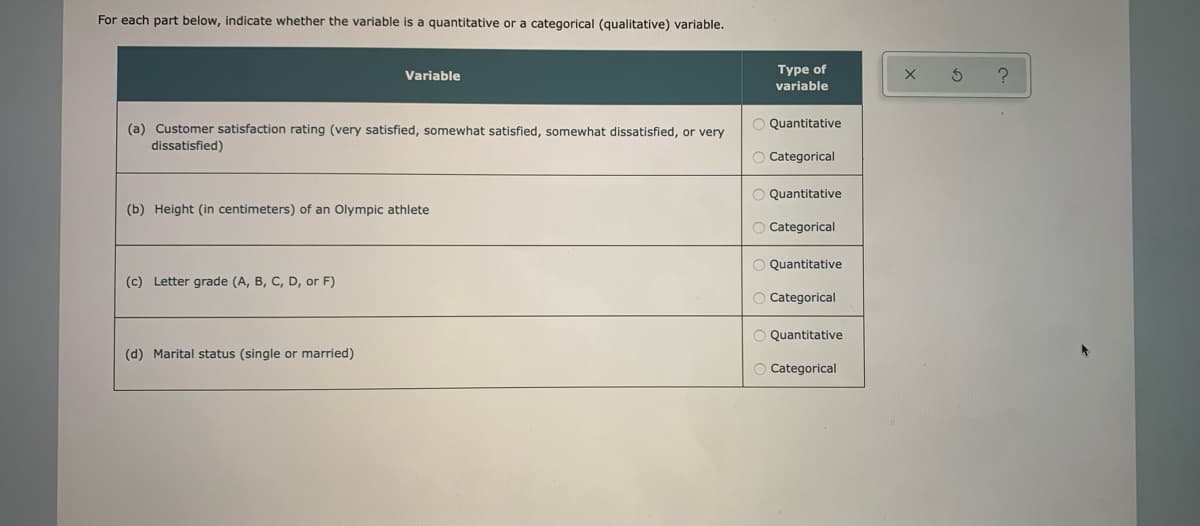 For each part below, indicate whether the variable is a quantitative or a categorical (qualitative) variable.
Variable
Type of
variable
Quantitative
(a) Customer satisfaction rating (very satisfied, somewhat satisfied, somewhat dissatisfied, or very
dissatisfied)
O Categorical
O Quantitative
(b) Height (in centimeters) of an Olympic athlete
O Categorical
O Quantitative
(c) Letter grade (A, B, C, D, or F)
O Categorical
O Quantitative
(d) Marital status (single or married)
O Categorical
