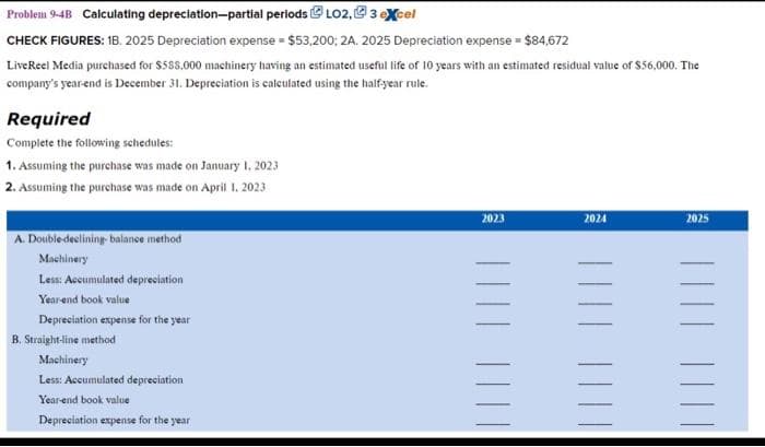 Problem 9-4B Calculating depreciation-partial periods LO2, 3 eXcel
CHECK FIGURES: 1B. 2025 Depreciation expense = $53,200; 2A. 2025 Depreciation expense = $84,672
LiveReel Media purchased for $588,000 machinery having an estimated useful life of 10 years with an estimated residual value of $56,000. The
company's year-end is December 31. Depreciation is calculated using the half-year rule.
Required
Complete the following schedules:
1. Assuming the purchase was made on January 1, 2023
2. Assuming the purchase was made on April 1, 2023
A. Double-declining-balance method
Machinery
Less: Accumulated depreciation
Year-end book value
Depreciation expense for the year
B. Straight-line method
Machinery
Less: Accumulated depreciation
Year-end book value
Depreciation expense for the year
2023
2024
=
2025