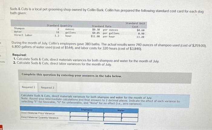 k
t
nces
Suds & Cuts is a local pet grooming shop owned by Collin Bark. Collin has prepared the following standard cost card for each dog
bath given:
Shampoo
Water
Direct labor
Standard Quantity
ounces
gallons
hour
2
18
1.2
Standard Rate
$0.30 per ounces
$0.05 per gallons
$11.00 per hour
During the month of July. Collin's employees gave 380 baths. The actual results were 740 ounces of shampoo used (cost of $259.00).
6,800 gallons of water used (cost of $544), and labor costs for 320 hours (cost of $3,840).
Complete this question by entering your answers in the tabs below.
Standard Unit
Cost
Required:
1. Calculate Suds & Cuts, direct materials variances for both shampoo and water for the month of July.
2. Calculate Suds & Cuts, direct labor variances for the month of July.
Direct Material Price Variance
Direct Material Quantity Variance
$0.60
0.90
13.20
Required 1 Required 2
Calculate Suds & Cuts, direct materials variances for both shampoo and water for the month of July.
Note: Round your intermediate calculations and final answers to 2 decimal places. Indicate the effect of each variance by
selecting "F" for favorable, "U" for unfavorable, and "None" for no effect (i.e., zero variance),
Shampoo
Water